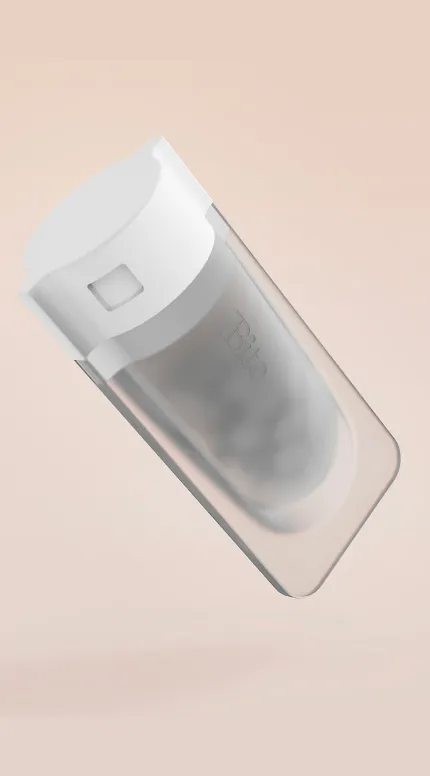 CAD render: a small translucent device on a peach background