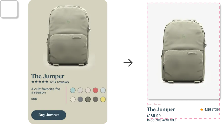 Before and after: the product card simplified to the backpack, its name, rating and price