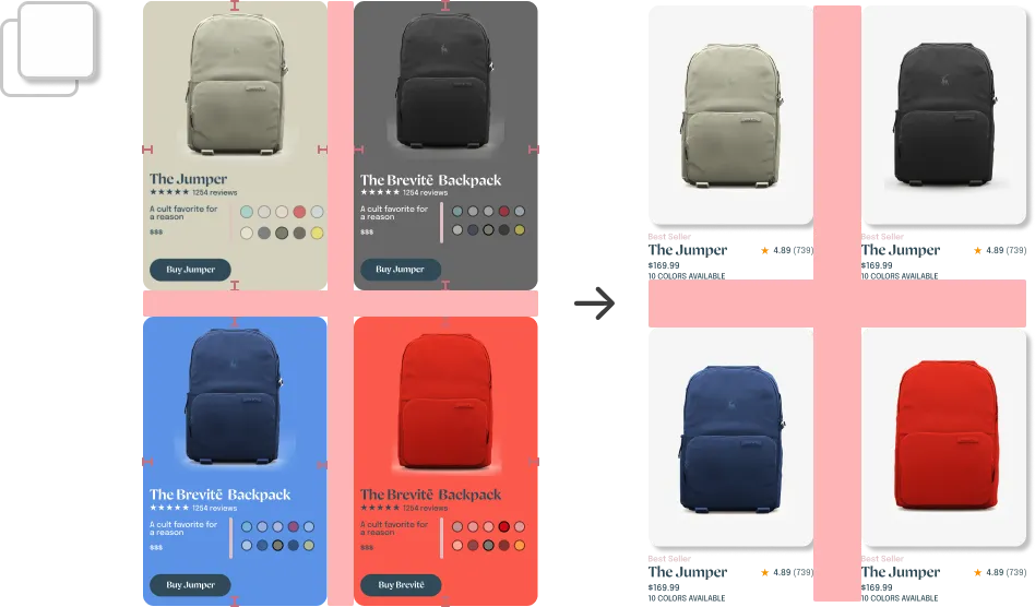 Before and after: a grid of cluttered product cards becomes a clean, evenly spaced grid